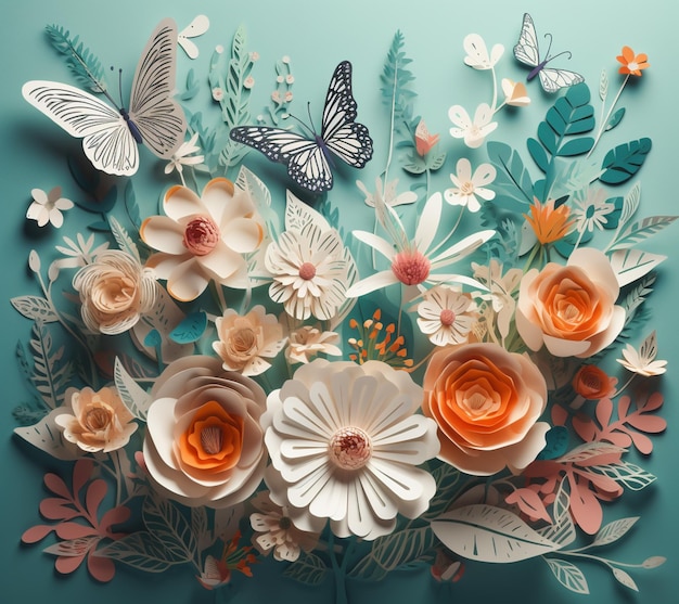 Paper flowers and butterflies are displayed on a turquoise background.