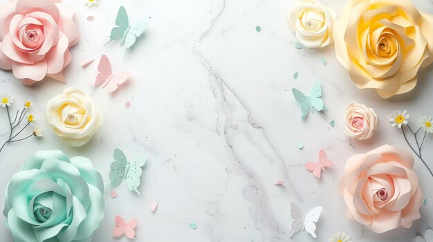 paper flowers and butterflies on white marble background