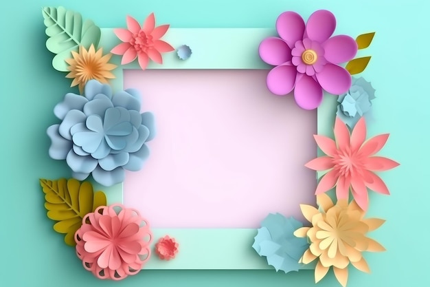 Paper flowers in a frame on a blue background