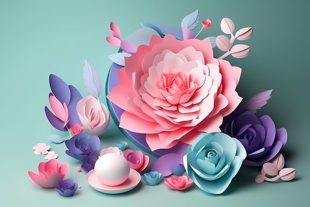 Paper flowers on a green background