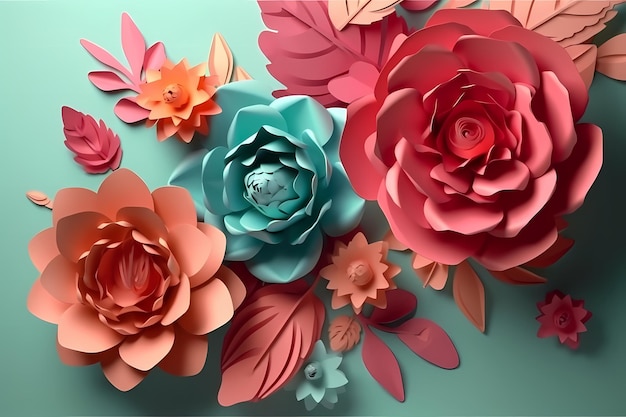 Paper flowers on a green background