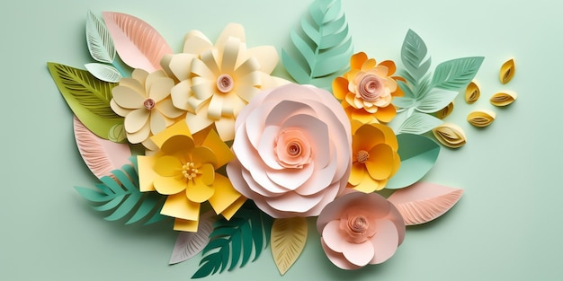 Paper flowers on a green background