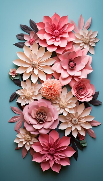 Paper flowers and leaves on blue background flat lay top view