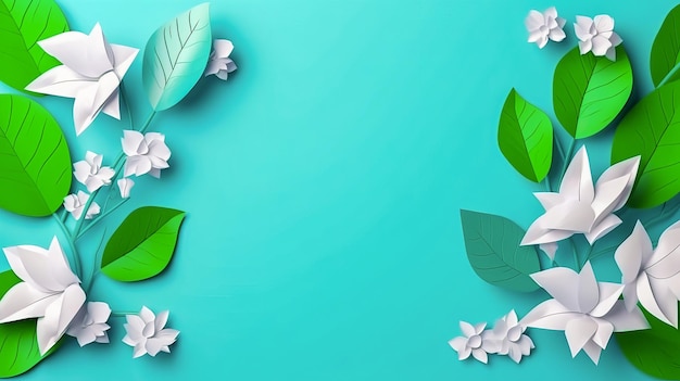 Paper flowers and leaves on blue background Generative AI