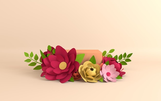 Paper flowers and leaves frame podium platform for product presentation