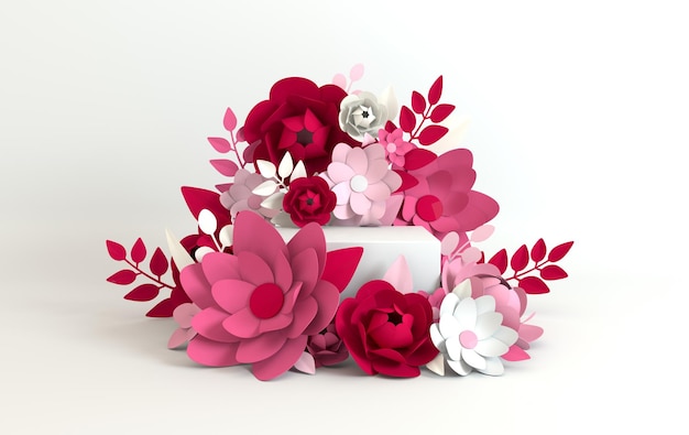 Paper flowers and leaves frame podium platform for product presentation