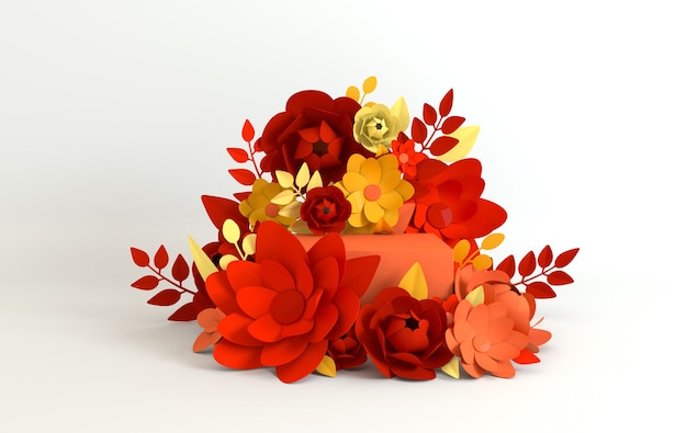 紙の花と葉のフレーム、製品プレゼンテーション用の表彰台プラットフォーム