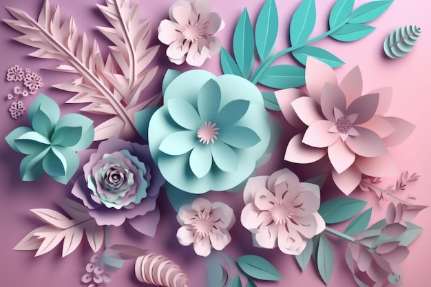 Paper flowers and leaves on a pink background