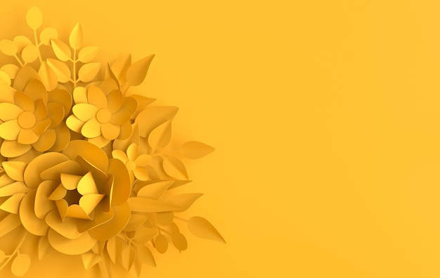 Paper flowers and leaves on yellow background