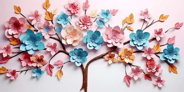 Paper flowers on the tree Colorful paper flowers Floral background