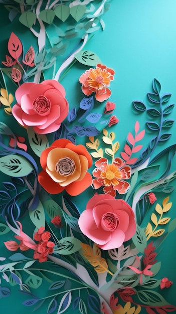 Paper flowers on a turquoise background