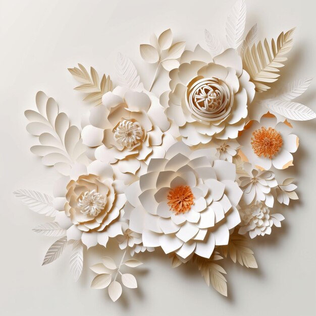 Paper flowers on a white background with leaves and flowers.