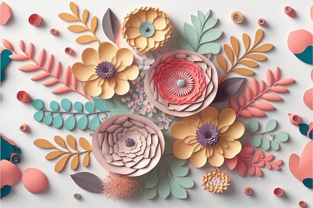 Paper flowers with a floral background. 3d floral craft wallpaper. orange, rose, green flowers