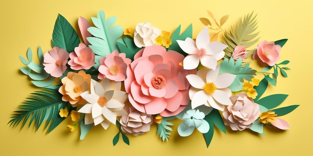 Photo paper flowers on a yellow background