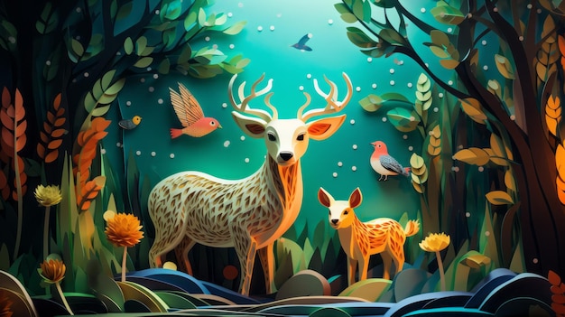 Paper forest with trees and deer 3d paper art papercut animal illustration background colorful