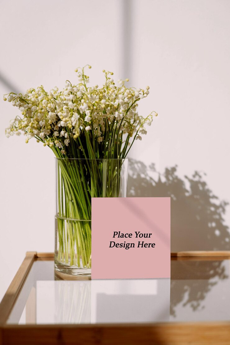 Photo paper next to glass vase with abundant greenery mockup psd