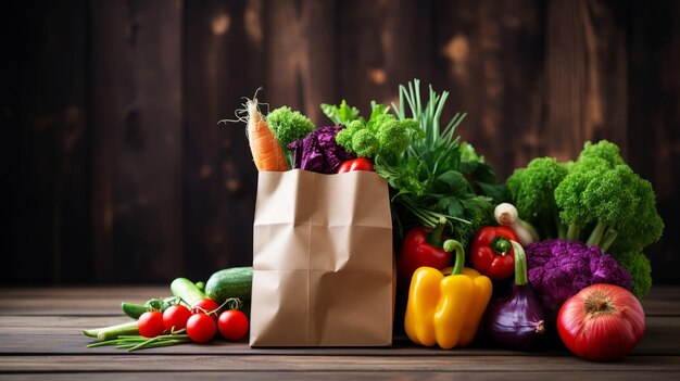 Paper grocery bag brimming with colorful fresh vegetables on a wooden kitchen counter with herbs in the background