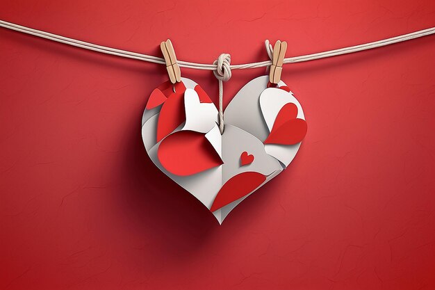 Paper heart hanging on a rope on red wallpaper part of valentines day set vector art