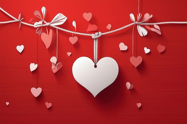 Paper heart hanging on a rope on red wallpaper Part of Valentines Day set Vector art