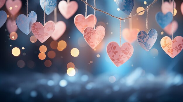 Foto cuore di carta appeso con uno sfondo bokeh romantico