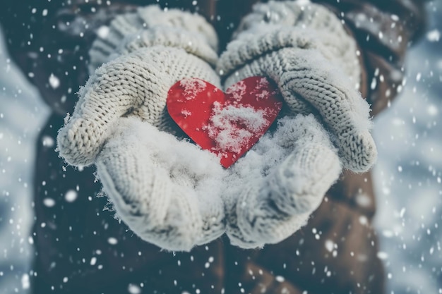 a paper heart in his hands on a winter day valentines day