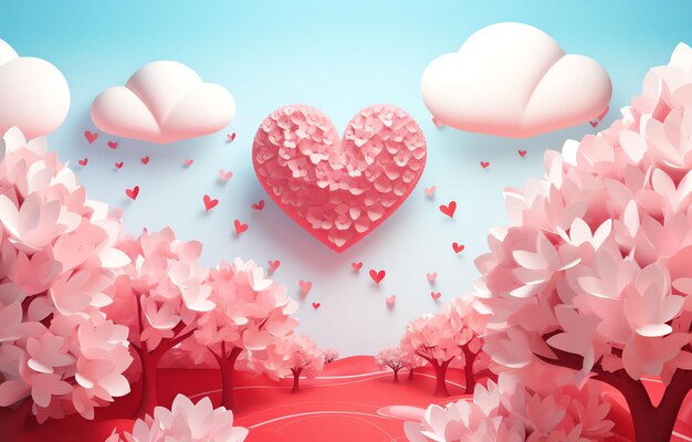 paper heart with gift blue sky and floral background