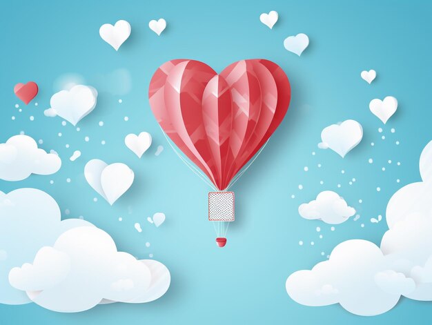 Paper hearts clouds flying hot air balloon