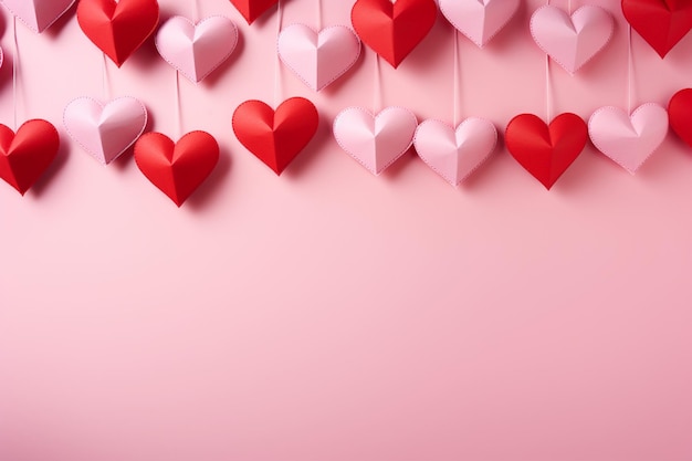 Paper hearts on a pink background for a valentines theme