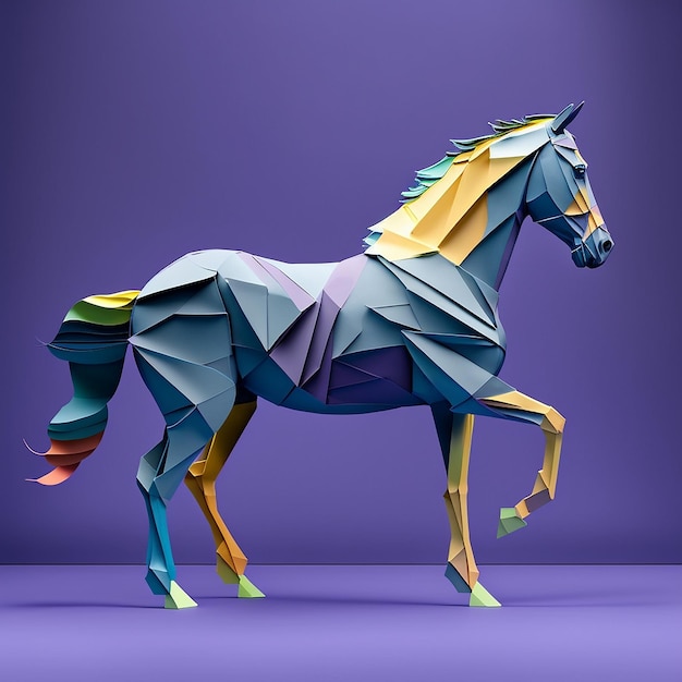 A paper horse with a rainbow mane is on a purple background.