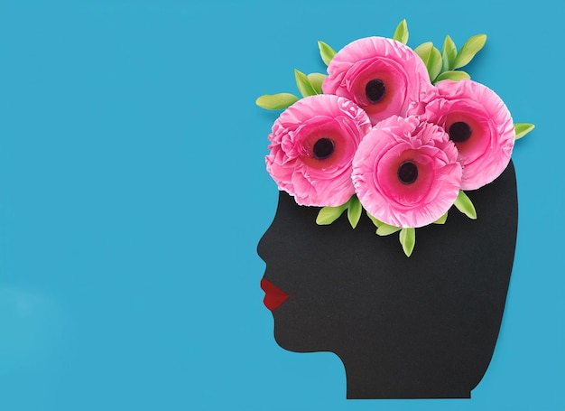 Photo paper human head symbol and flowers on blue background world mental health day concept