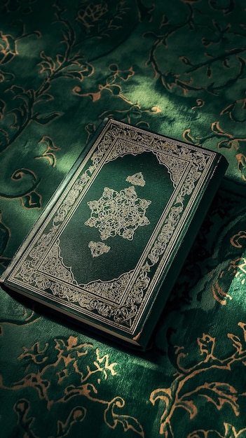 a paper islamic book sitting on a carpet stock image Concept of the religion of Islam