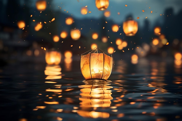 Photo paper lanterns float on dark water traditional floating lantern festival memorial day generative ai illustration