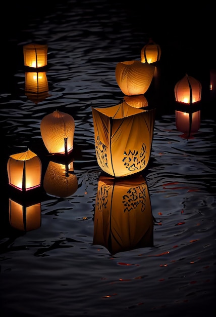 Paper lanterns float on water Generative AI