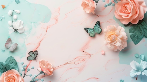 Фото Бумажные цветы и бабочки на белом мраморном фоне