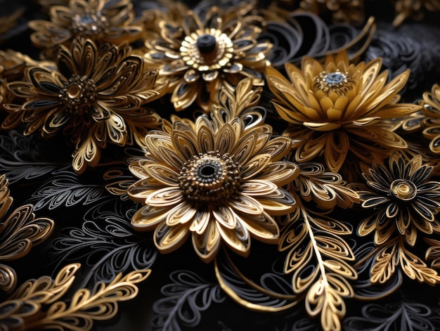 Изготовленные из бумаги цветы Квиллинг ремесла технические черные и золотые абстрактные линии фона созданы с помощью генеративной технологии искусственного интеллекта
