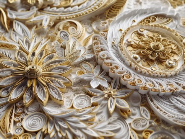 Paper made Quilling craft technic white and gold abstract background lines Created with Generative AI technology