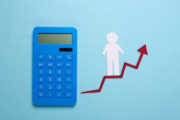 Paper man on growth arrow and calculator. Blue. Symbol of financial and social success