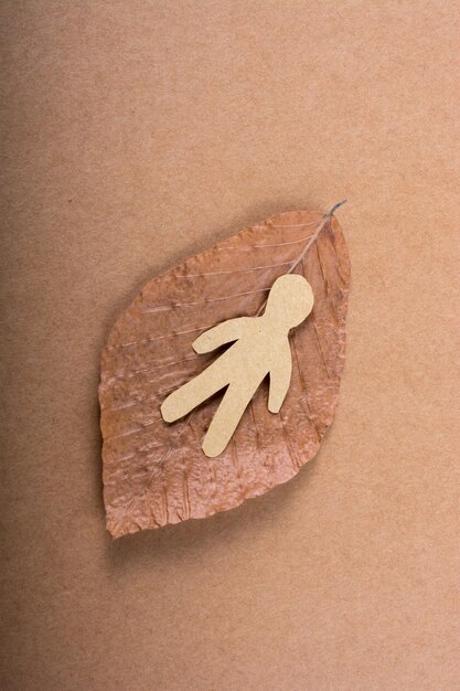 Paper man shape on a dry leaf