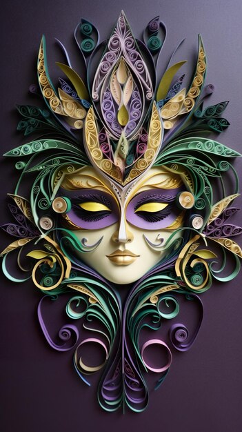 A paper mask with green purple and gold decorations Generative AI