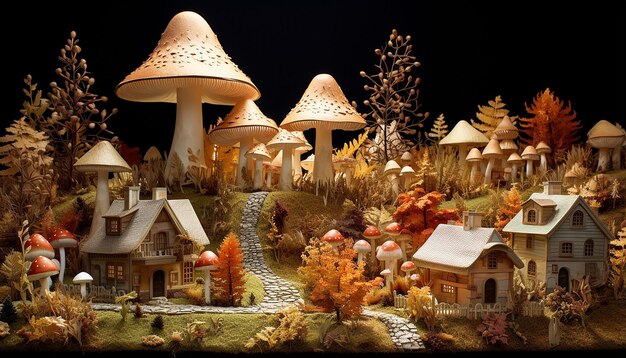 Фото Бумажная спичка, колония грибов, маленькая деревня.