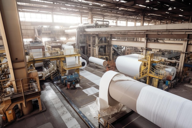 Paper mill with raw materials being transformed into finished products created with generative ai