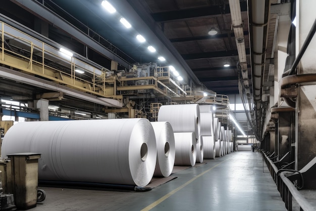 Paper mill with towering rolls of paper coming off the production line created with generative ai