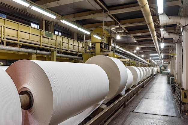 生成 AI で作成された、生産ラインからそびえ立つ紙のロールが出る製紙工場
