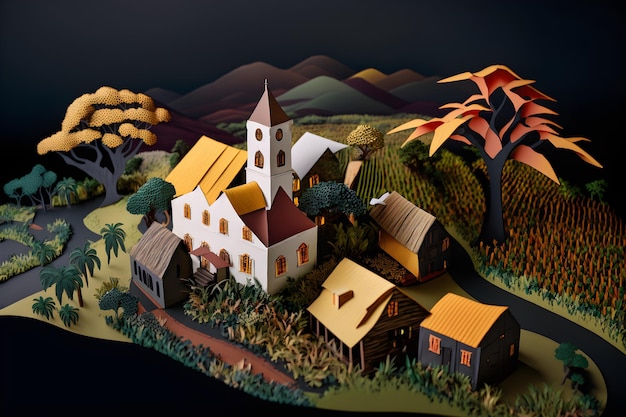 A paper model of a church with a mountain in the background.