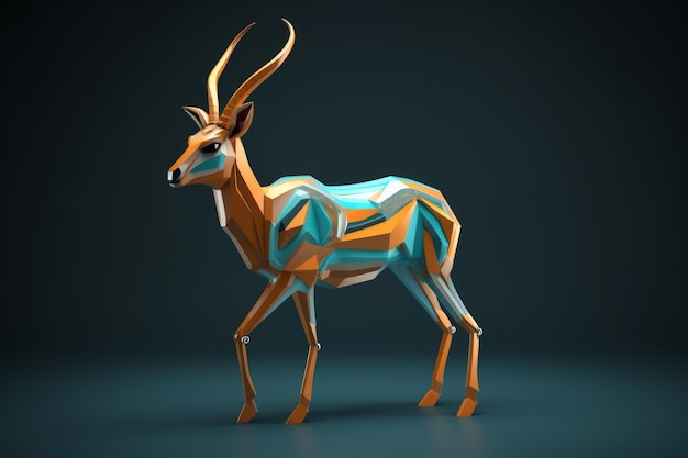 A paper model of a gazelle with blue and orange colors.