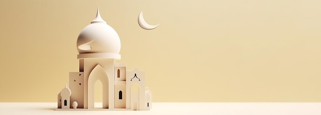 A paper model of a mosque with a crescent moon in the background.