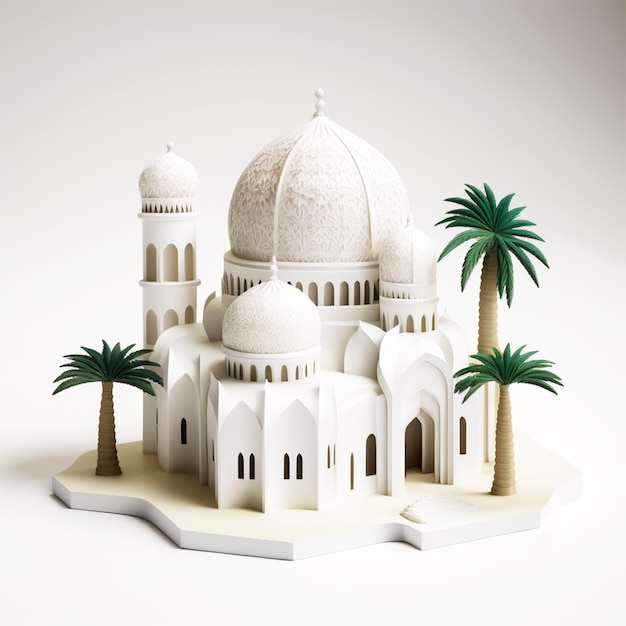 A paper model of a mosque with palm trees in the background.