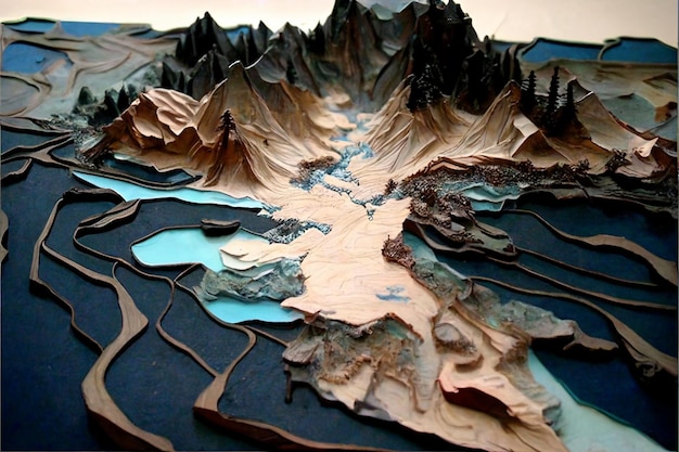 A paper model of a river with mountains in the background