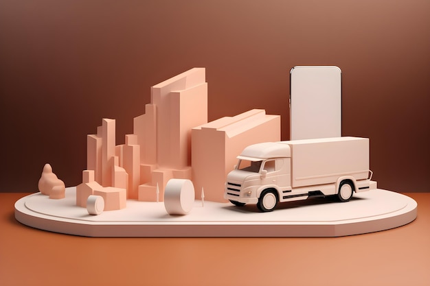 A paper model of a truck is on a table with a cityscape in the background