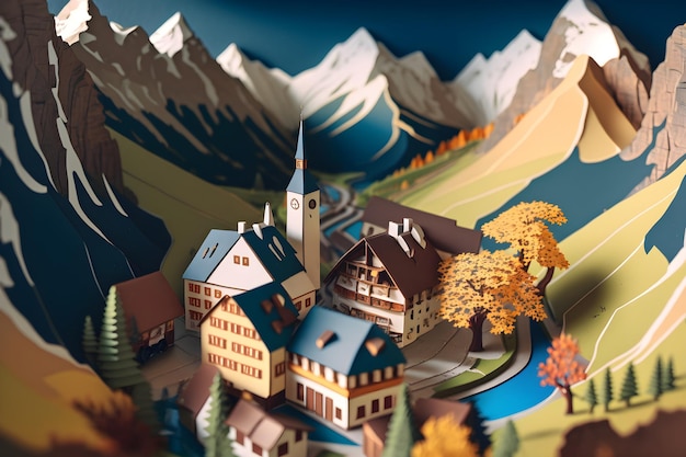 A paper model of a village with a mountain in the background.